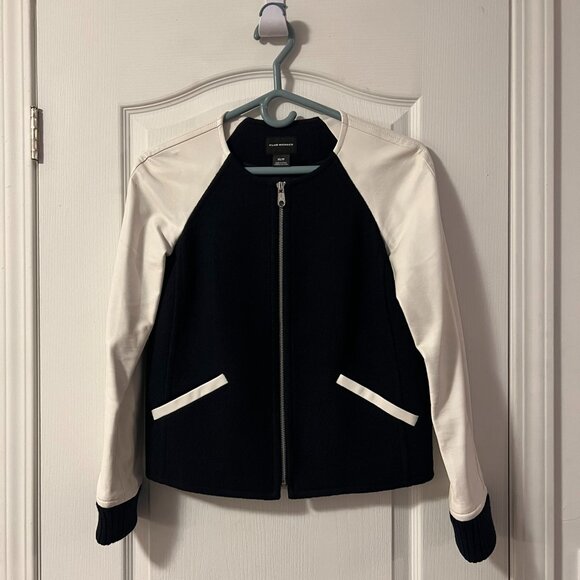 XS Club Monaco Navy blue Wool White Leather Bomber Jacket - Picture 1 of 14